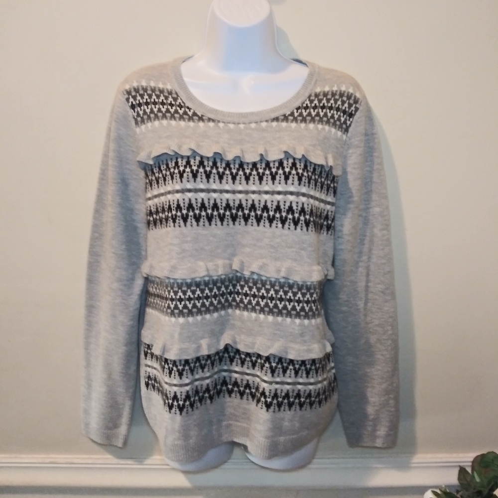 LAST CHANCE - Talbots Gray Black White Nordic Stripe Ruffled Lambswool Sweater